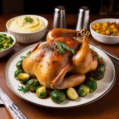 Delicious Roasted Turkey Dinner with Mashed Potatoes, Brussels Sprouts, and Saut�ed Vegetables - Holiday Feast or Home Meal