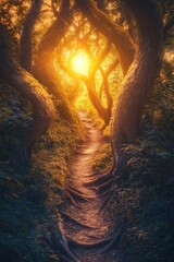Path through trees leads to bright light illuminating the end of the forest.