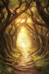 Forest path with trees forming a tunnel and bright light at the end.