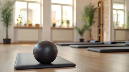A black and white gym scene with a balance ball on a yoga mat in the foreground.