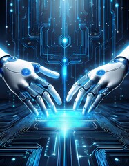 Futuristic Image of Robotic Hands Connecting on a Glowing Circuit Board - Artificial Intelligence Concept, AI, Technology