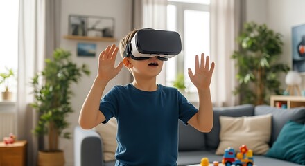 Young Boy Experiencing Immersive Virtual Reality at Home