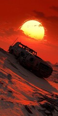 A vehicle is on a sandy or snowy surface with a bright sun or moon.