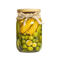 Colorful Jar of Pickled Vegetables with Corn and Green Olives in Natural Light on transparent background