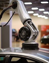 Robotic Arm Precision-Painting or Welding on Car Roof, Automotive Industry, Modern Technology, Automation in Manufacturing, Industrial Robot