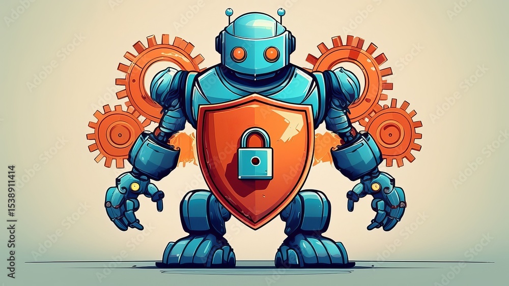 Poster illustration of a robot holding a shield with a padlock, representing cybersecurity and data protect