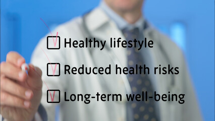 Doctor checking a transparent screen in a hospital, assessing healthy lifestyle choices, reducing health risks, and promoting long term well being for patients through expert care