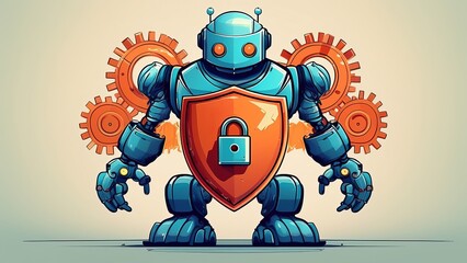 Illustration of a Robot Holding a Shield with a Padlock, Representing Cybersecurity and Data Protection, Orange Gears Background