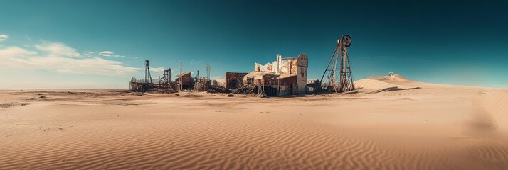 Desert landscape with buildings and structures under a blue sky.
