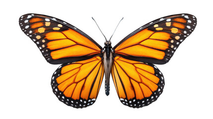 Fototapeta premium Brightly colored monarch butterfly displays its striking orange and black wings with intricate patterns.