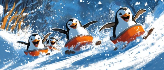 Animated penguins sliding down a snowy hill on orange inner tubes.