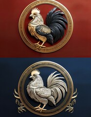Intricate Golden Rooster Zodiac Symbol on Red and Blue Backgrounds Decorative Animal Art