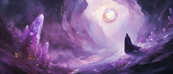 Person looking at a glowing orb in a purple crystal cave landscape.