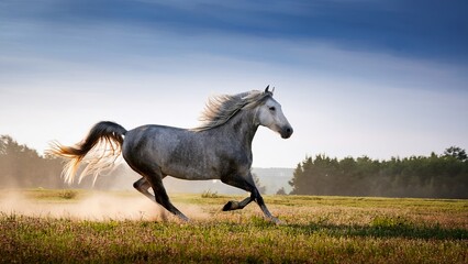 Majestic Grey Horse Galloping Through a Golden Field, Dust Kicking Up, Under a Blue Sky, Nature Scene, Equine Beauty