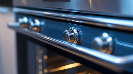 Inside a oven, shiny, clean, close up, silver and blue with control knobs. 