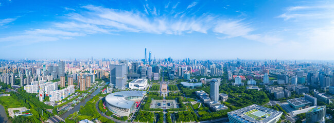 Panoramic Aerial view of Shanghai skyline in downtown on sunny day.