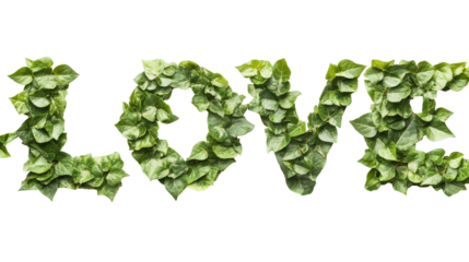 Eternal Green Love: A vibrant testament to love, spelled out in fresh, verdant leaves against a backdrop of purity, symbolizing nature's tender touch.