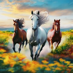 Majestic Horses Galloping Through a Field of Flowers at Sunset Stunning Equestrian Scene, Nature Photography