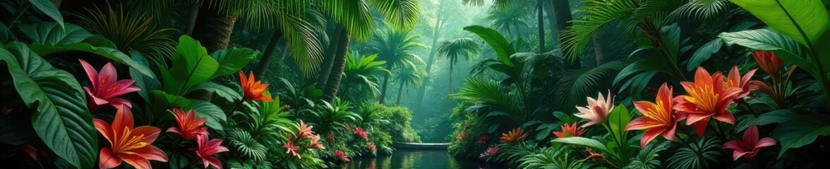 Fototapeta premium Lush tropical garden overflowing with vibrant foliage, exotic flowers, and diverse plant life Perfect for travel, nature, and botanical themed projects , landscape, foliage, leaves