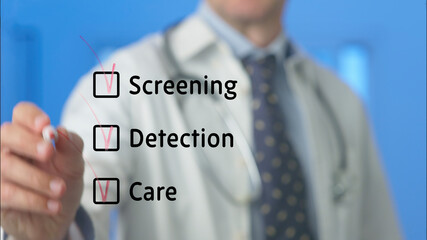 Doctor is drawing check marks on a transparent screen, completing a checklist that includes...