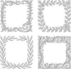 Set of vintage decorative frames with ornate floral borders and retro design elements