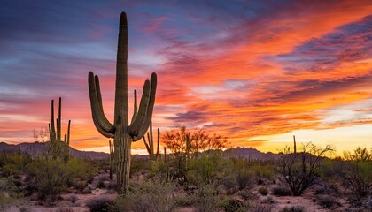 Majestic Saguaro Cactus Silhouetted Against a Vibrant Arizona Desert Sunset Sky with Colorful Clouds and Landscape View