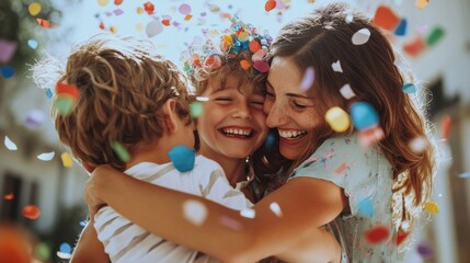 Parents hugging their children with confetti falling around during a surprise party 