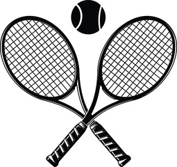 Tennis Rackets and Ball Icon: Crossed Tennis Rackets with Tennis Ball Above for Sports and Tennis-Related Design, Recreation, and Athletic Illustrations