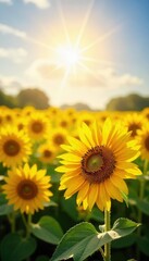 Fototapeta premium Radiant sunshine illuminates a field of vibrant sunflowers, symbolizing pure joy and the positive energy of nature A perfect representation of happiness and optimism , bright, brilliant, calm