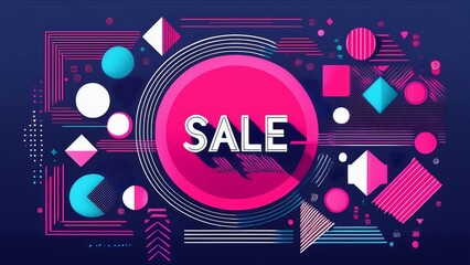 Vibrant Abstract Sale Graphic with Geometric Shapes and Modern Design on a Dark Blue Background, Perfect for Promotions and Advertising Campaigns