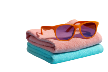 Orange sunglasses rest on a stack of pink and blue towels summer vacation essentials