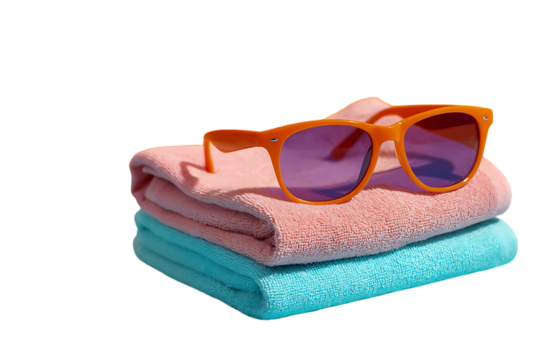 Orange sunglasses rest on a stack of pink and blue towels summer vacation essentials - Powered by Adobe