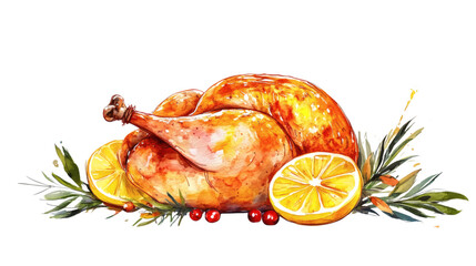 Whole roasted chicken with crispy skin and lemon slices tucked underneath isolated on transparent background 