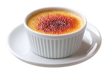 Delicious creme brulee in a white ramekin on a saucer