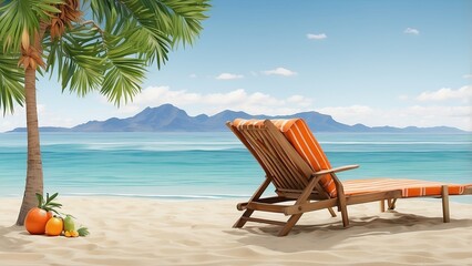 A tropical scene featuring a tall palm tree with vibrant green fronds, standing beside a wooden lounge chair with orange and white stripes