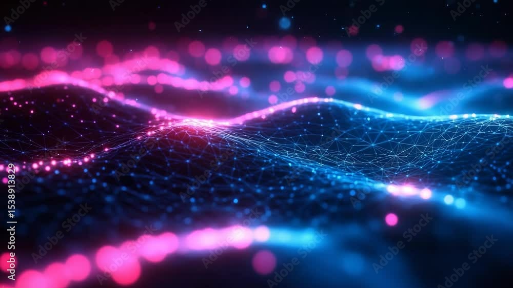 Poster vivid digital data network visualization with bright neon particles and glowing waveforms