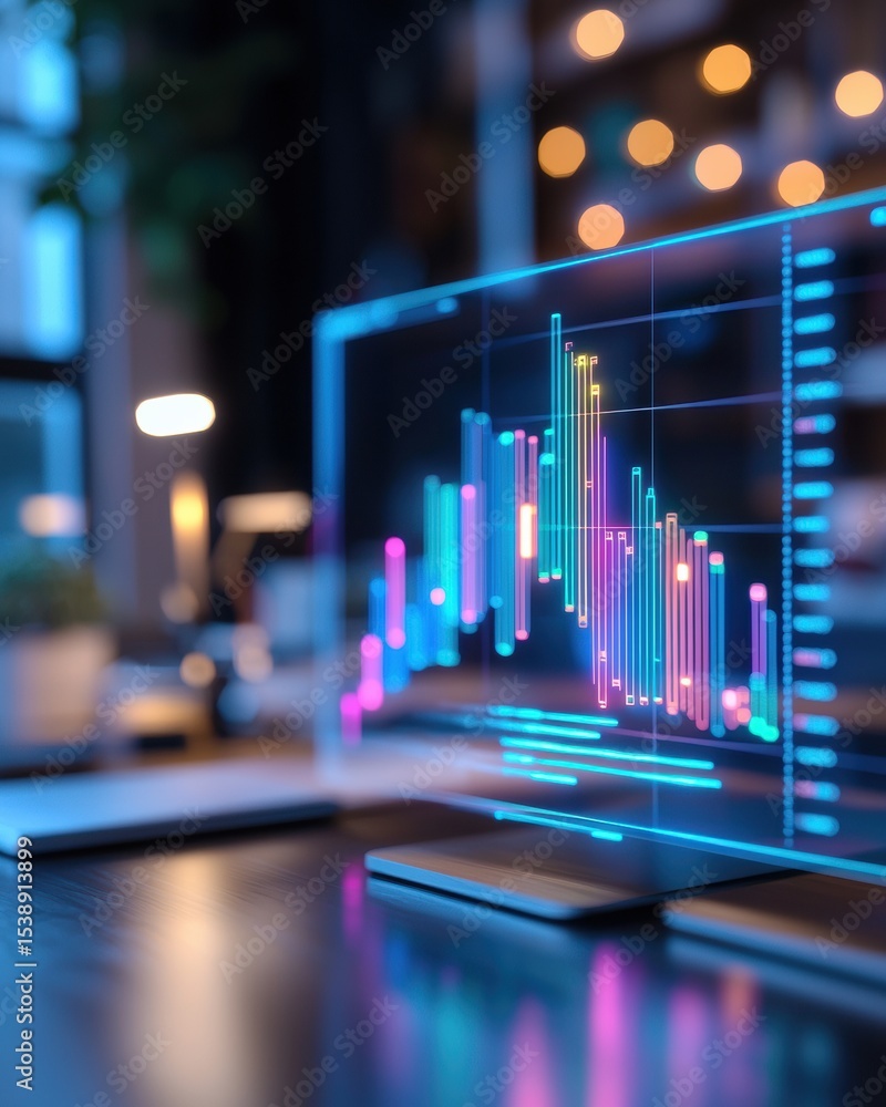 Poster fintech, finance and startup futuristic data visualization on a transparent screen in a modern works