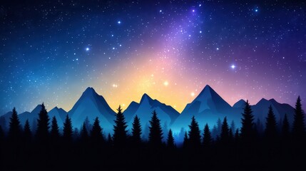 Celestial Mountainscape: A breathtaking view of a starlit sky illuminating a silhouette of mountains and forests. Evoking wonder and serenity with its beautiful gradients and atmospheric composition.