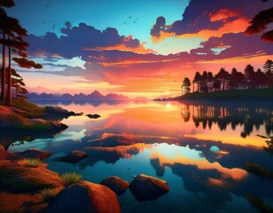 Breathtaking Sunset Over Calm Lake Colorful Sky Reflecting on the Water, Scenic Landscape, Vibrant Nature, Peaceful Scenery