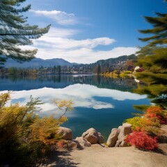 Stunning Autumn Lake Scene Reflections of Trees, Mountains and Blue Sky on a Calm Water Surface - Serene Landscape