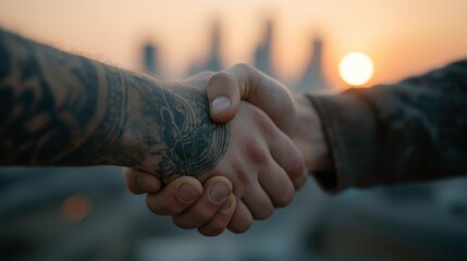 Handshake Between Two Tattooed Men in Sunset Cityscape
