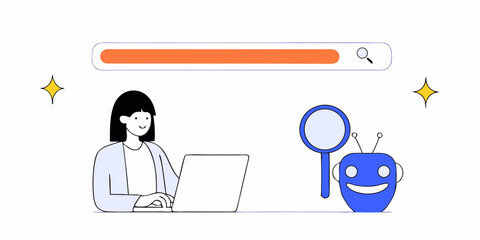 Digital Workflow and Automation Vector Graphic. Businesswoman Working with AI, Commercial Use.