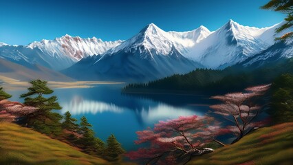 Majestic Mountain Lake Landscape Stunning Artwork of Snow-Capped Peaks, Lush Forests, and Tranquil Waters Under a Clear Blue Sky for Nature and Travel Inspiration