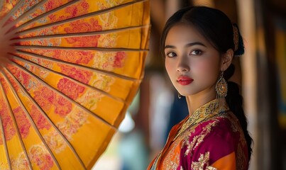 Woman with an umbrella in traditional clothing looking at the camera.