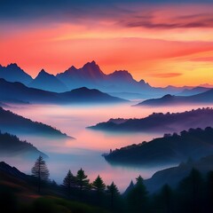 Breathtaking Mountain Landscape at Sunset Misty Valley, Silhouetted Trees, and Vibrant Sky, Nature's Beauty, Travel Destination, Serene Scenery, Dawn or Dusk