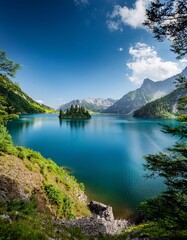 Breathtaking Scenic Mountain Lake with Lush Island, Towering Peaks, and Bright Blue Sky - Natural Beauty and Tranquility