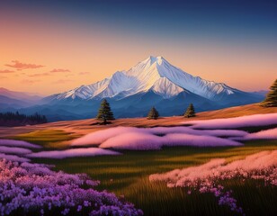 Breathtaking Mountain Landscape at Sunset Snowy Peak, Lavender Fields, and Golden Hour Sky - Artistic Nature Scene