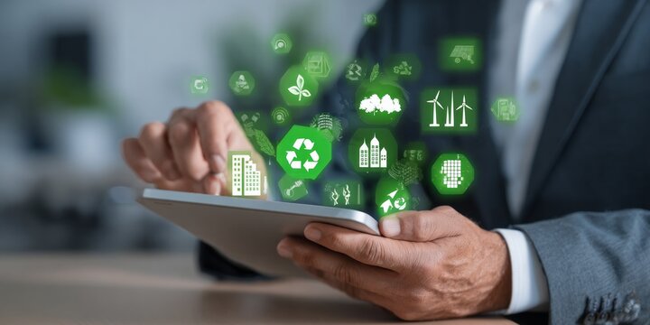 A man is using a tablet to type on a green screen with various icons