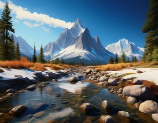 Majestic Mountain Landscape with Snow-Capped Peaks, Serene River, Lush Green Trees, and Clear Blue Sky - Perfect for Travel and Nature Projects