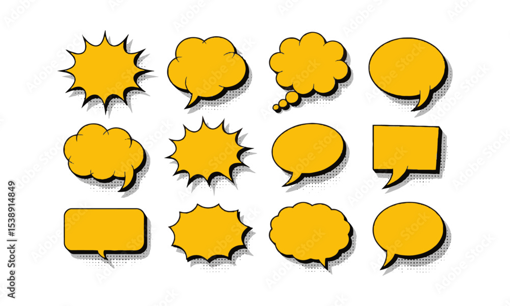 Poster vector illustration of a comic-style speech bubble collection featuring distinct bubble designs, eac